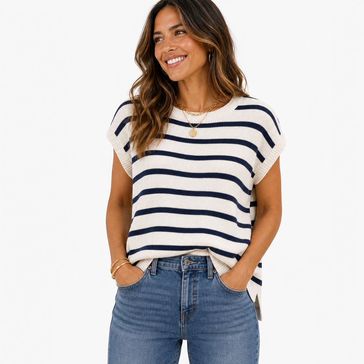 Navy Ivory Stripe women's striped knit cap sleeve top