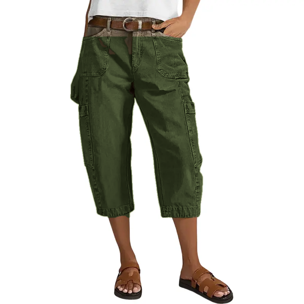 Olive women's relaxed cargo capri pants model