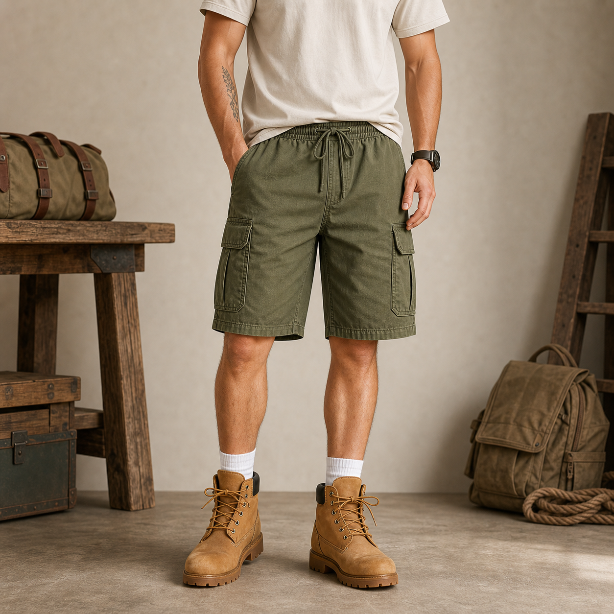 Olive men's utility cargo shorts
