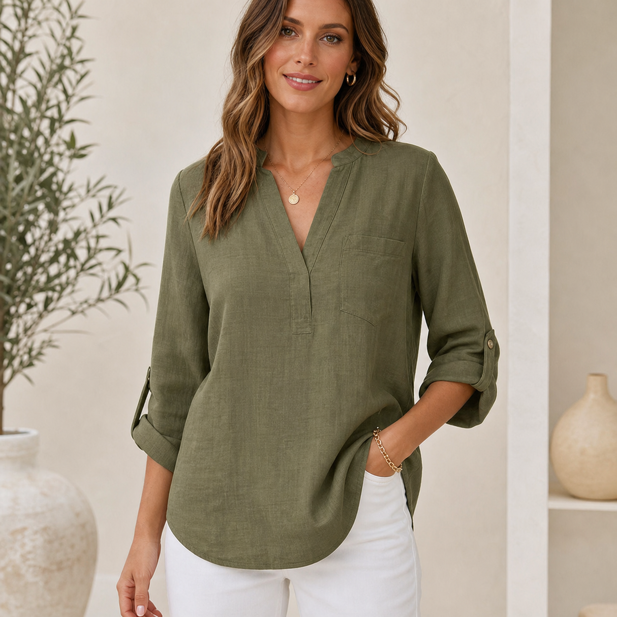 Olive women's linen-look split neck blouse