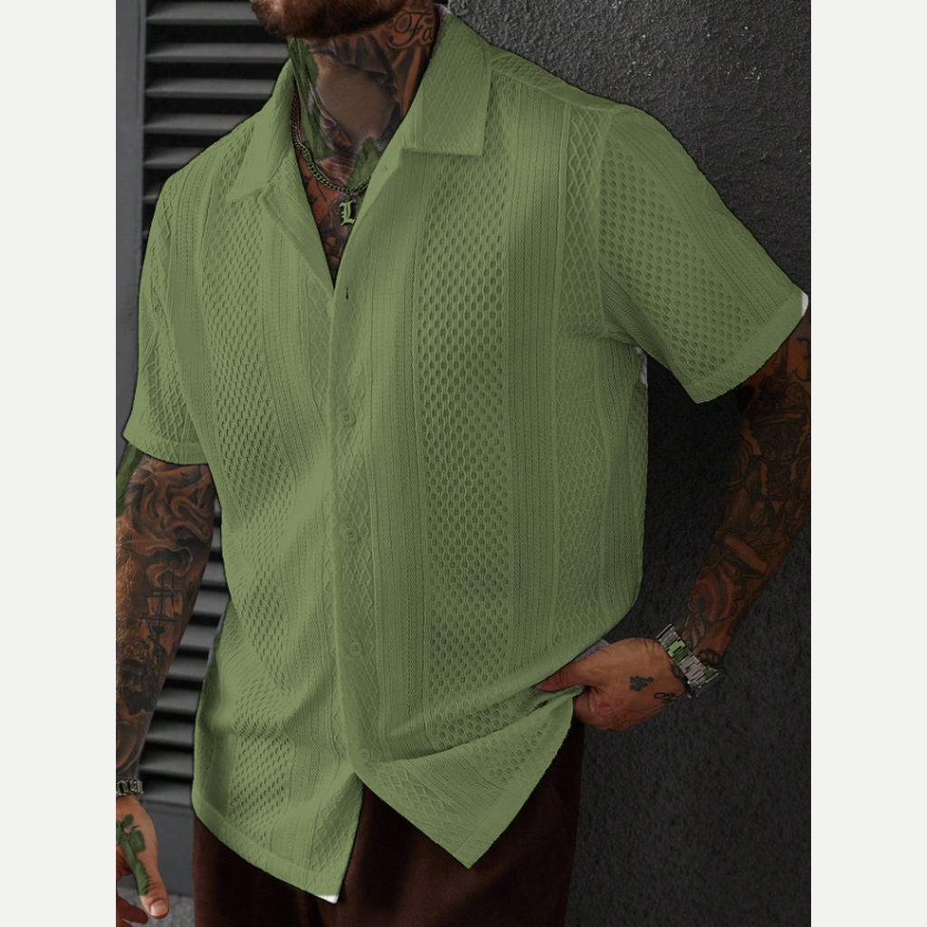 Olive men's textured knit short sleeve shirt model