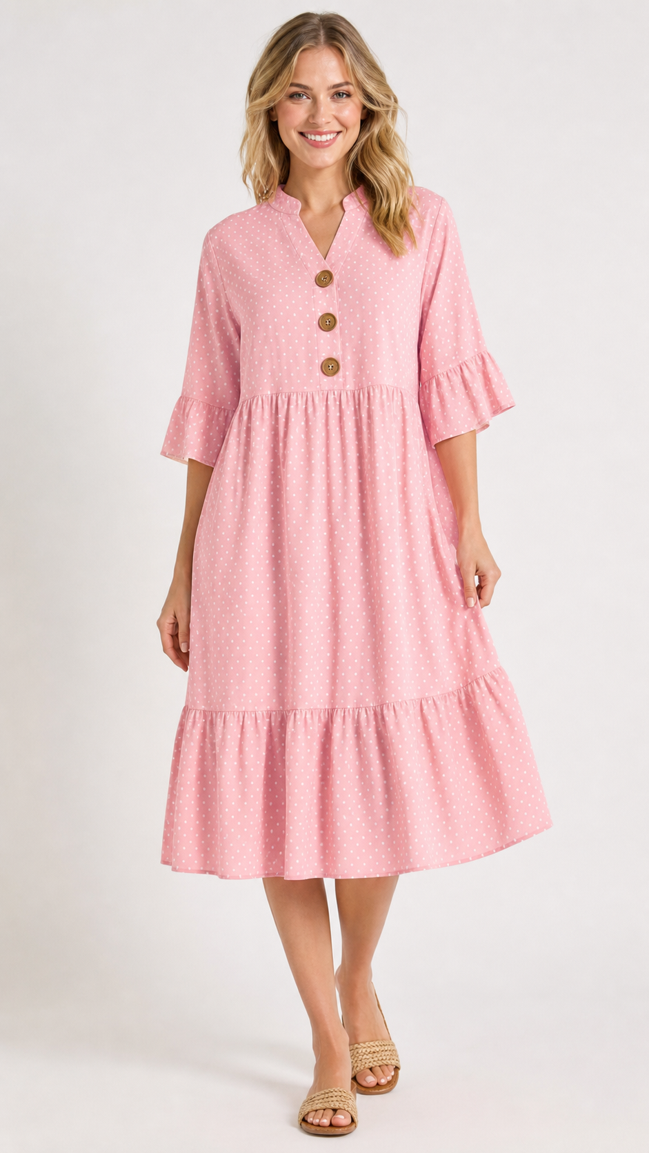 Pink women's polka dot tiered beach dress