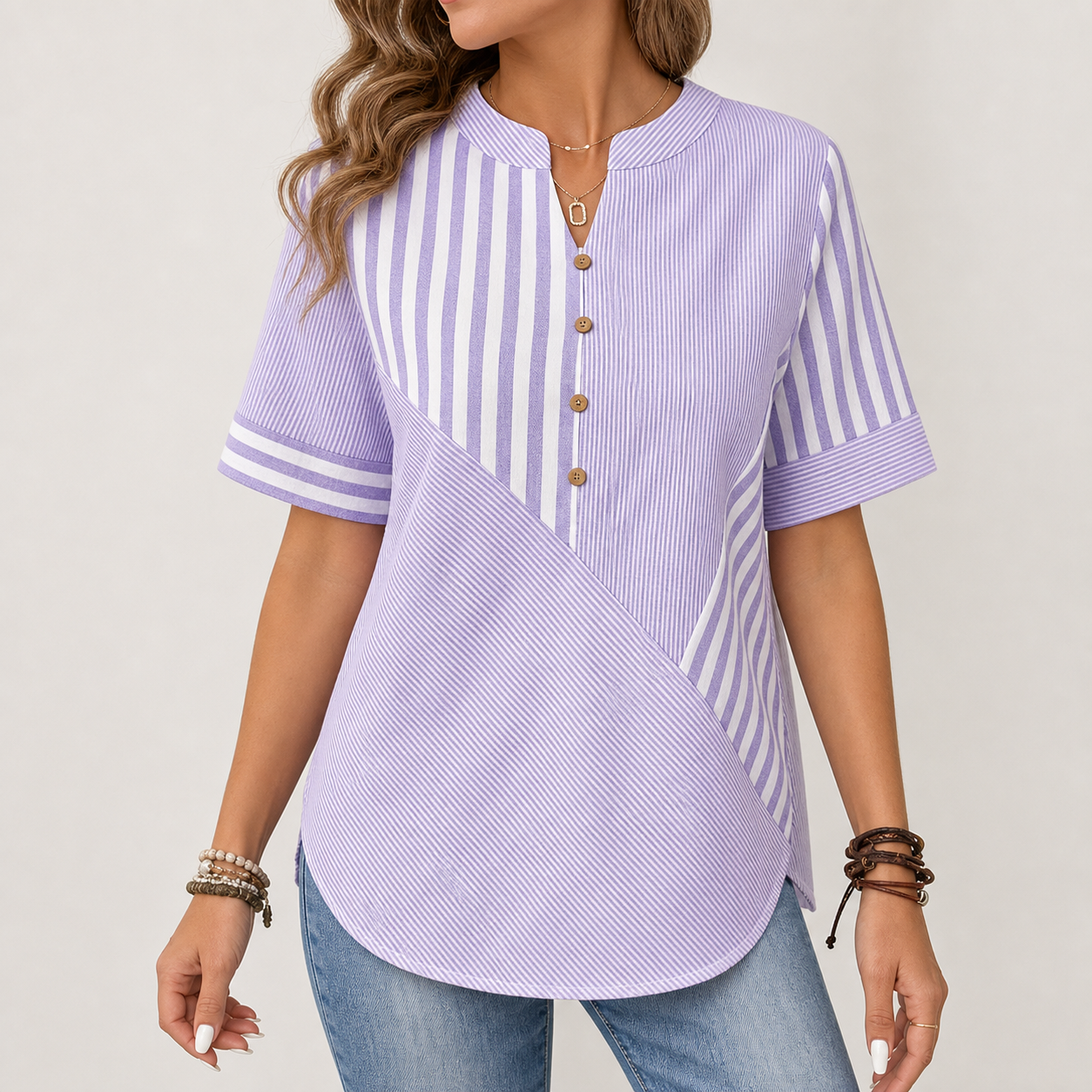 Purple women's striped patchwork button blouse