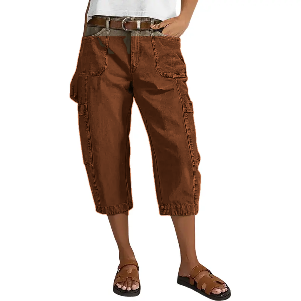 Rust women's relaxed cargo capri pants model