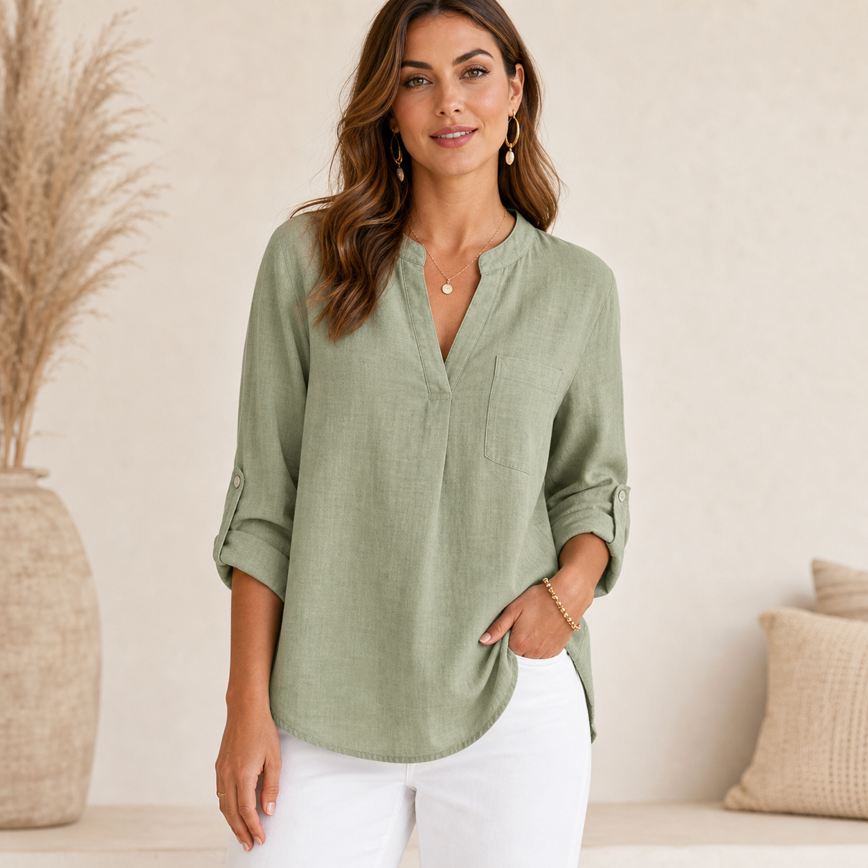 Sage women's linen-look split neck blouse