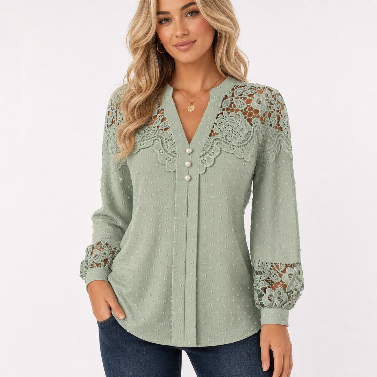 Sage women's lace panel Swiss dot blouse