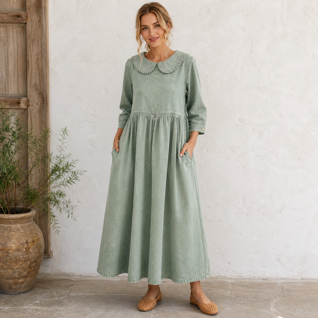 Sage Green women's Peter Pan collar denim maxi dress
