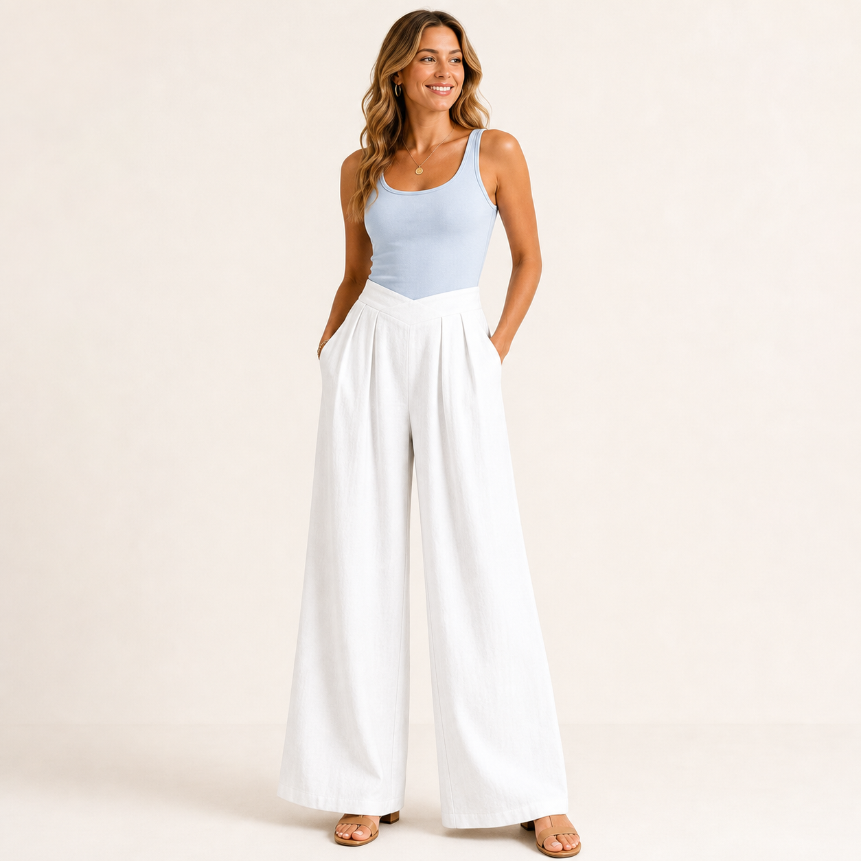 White women's pleated wide leg pants