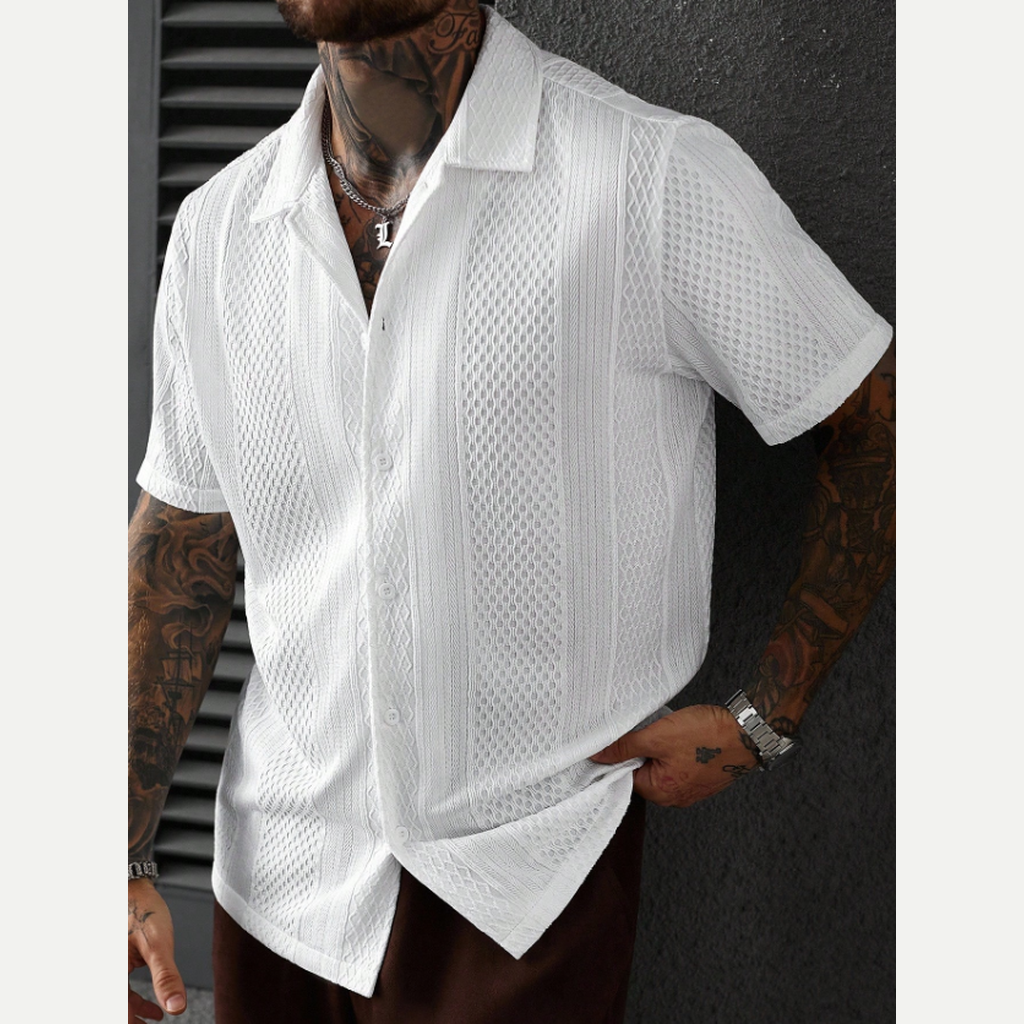 White men's textured knit short sleeve shirt model