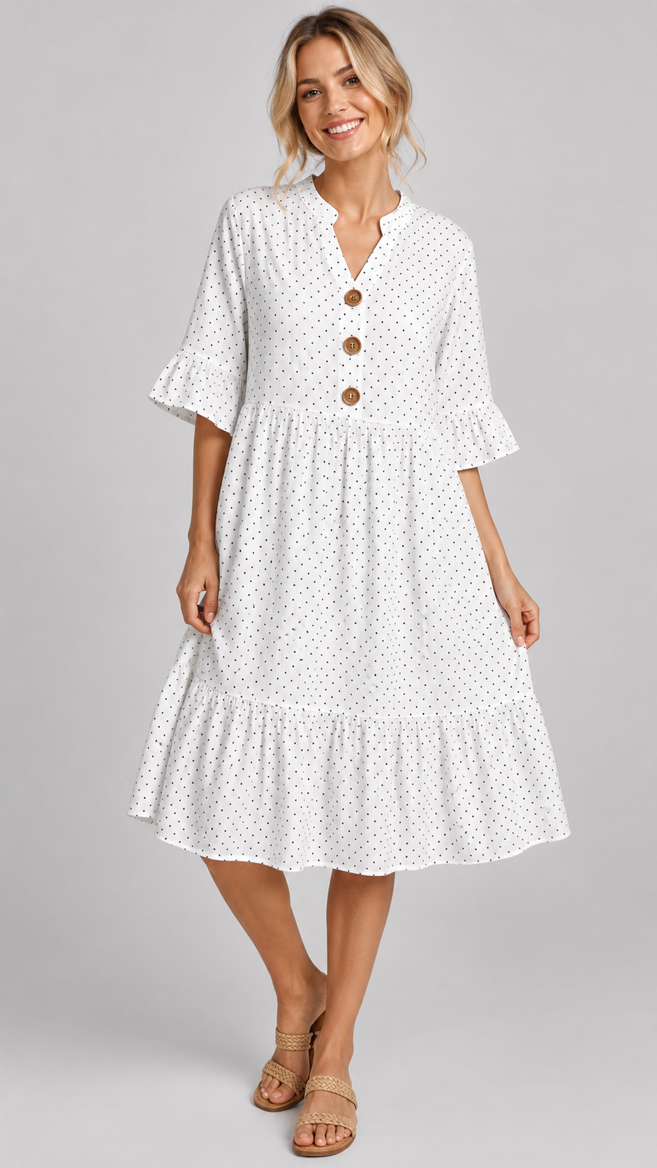 White women's polka dot tiered beach dress