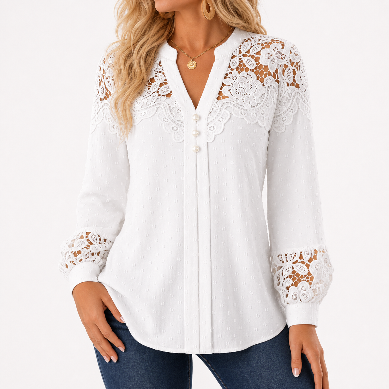 White women's lace panel Swiss dot blouse
