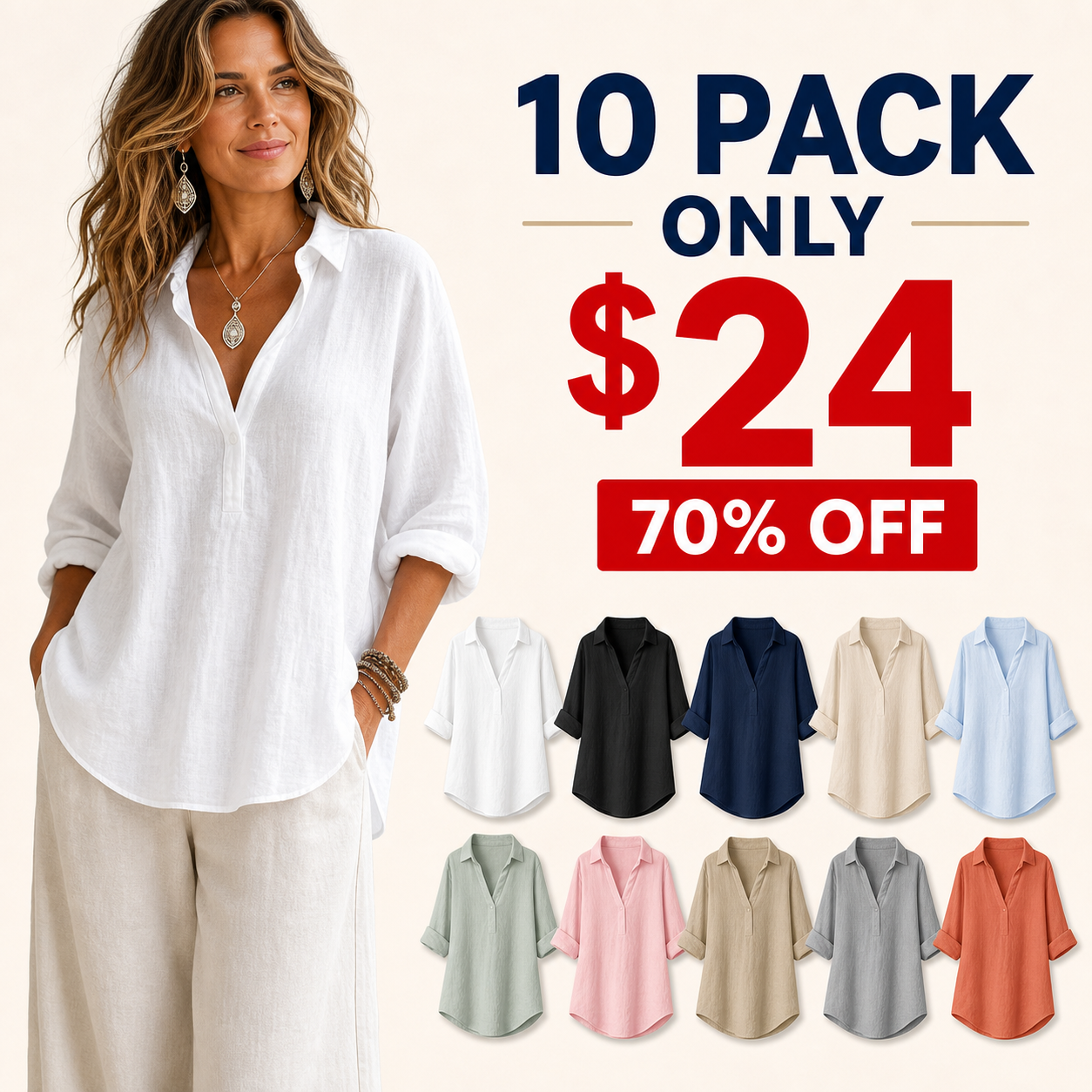 10 pack only 24 dollars women's linen roll-sleeve tunic shirt