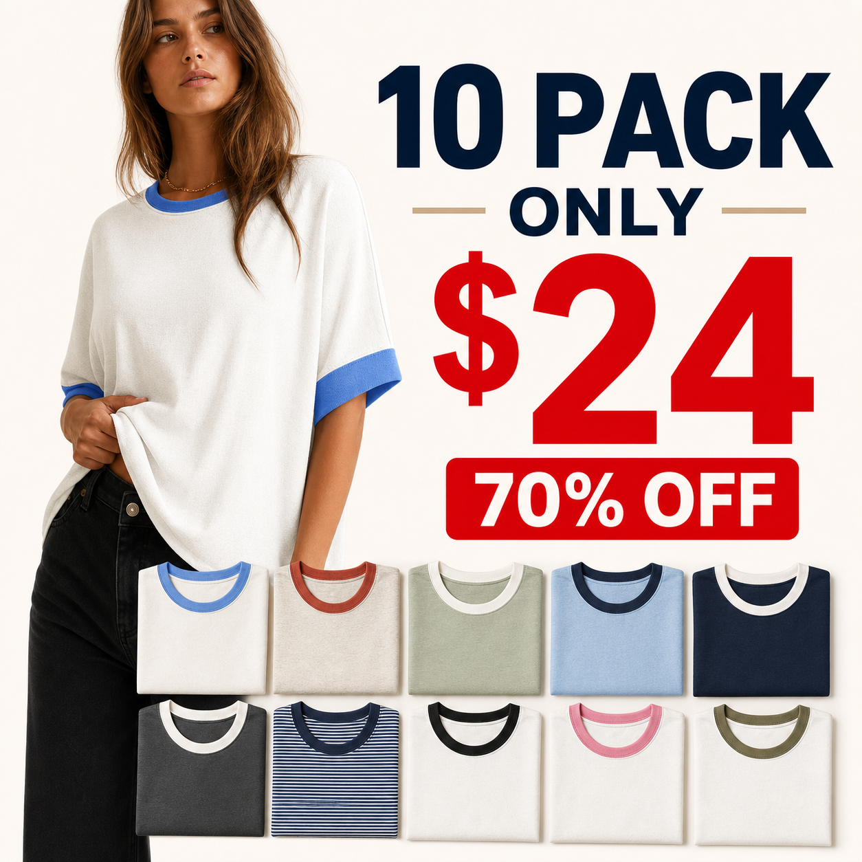 10 pack only 24 dollars women's contrast-trim relaxed tee