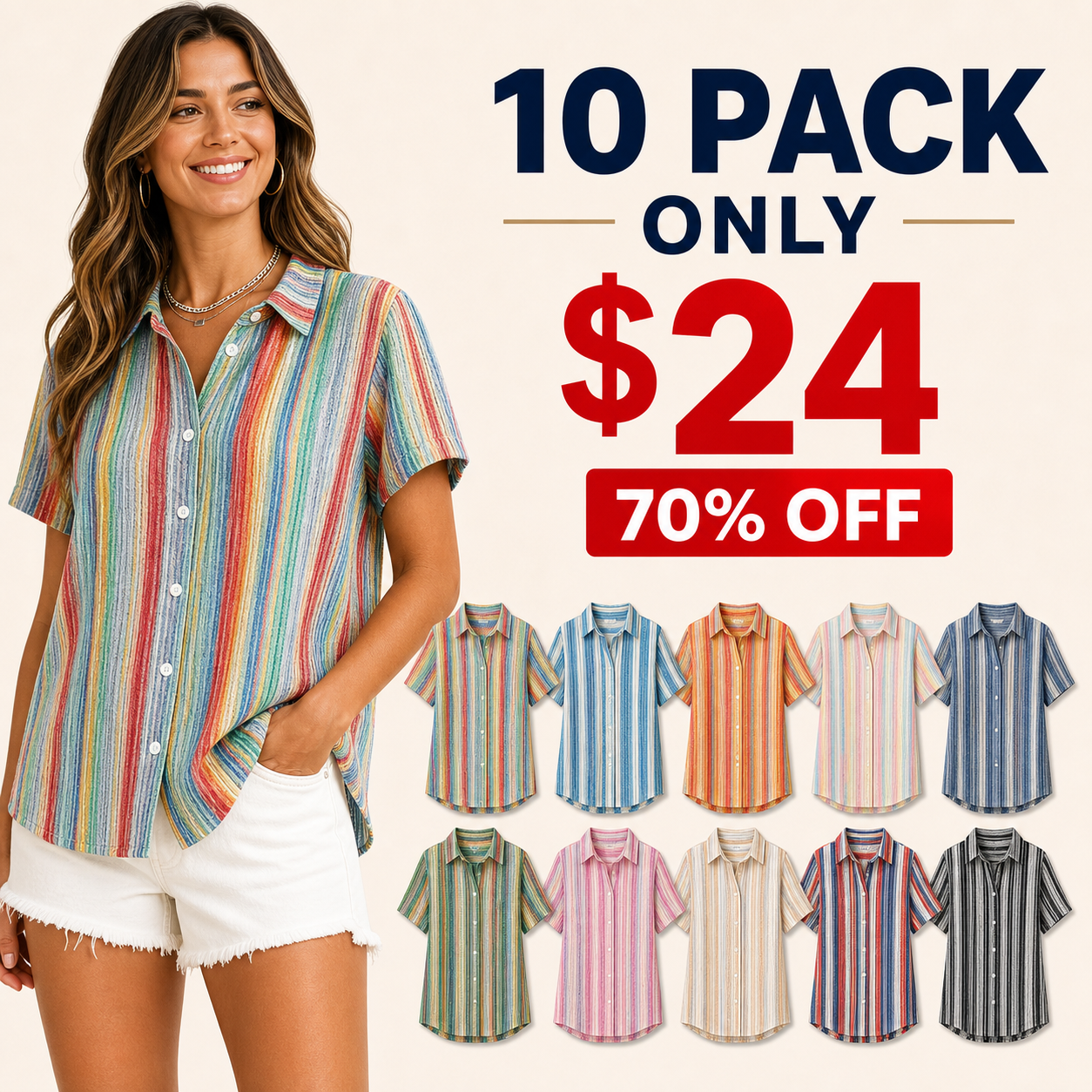 10 pack only 24 dollars women's rainbow stripe button-up shirt