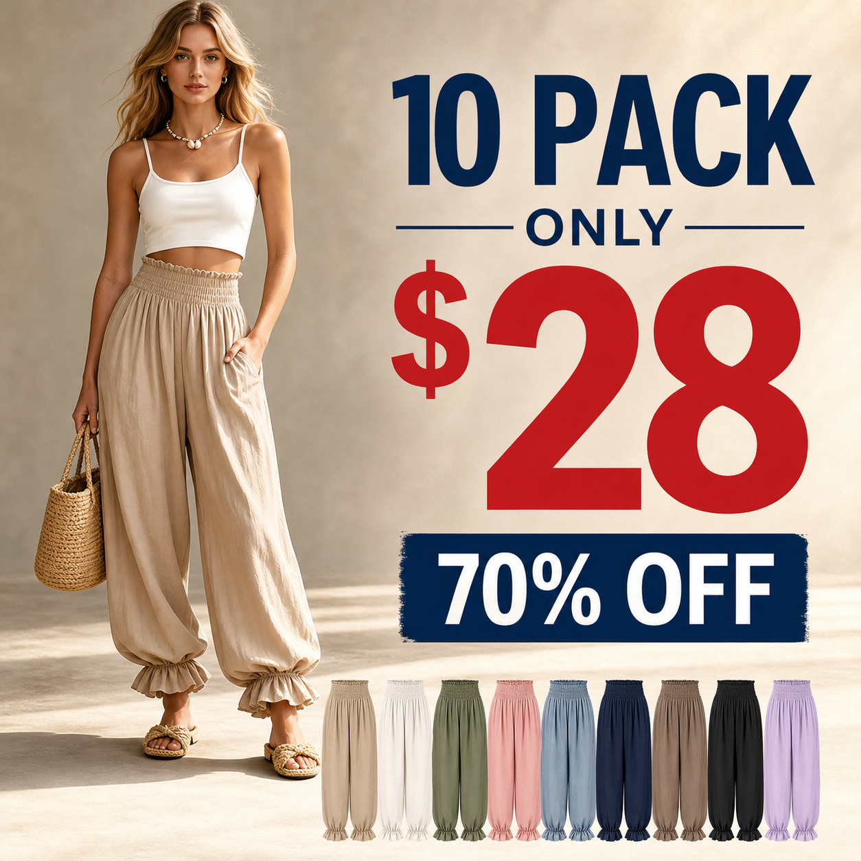 10 pack only 28 dollars women's smocked waist ruffle hem harem pants