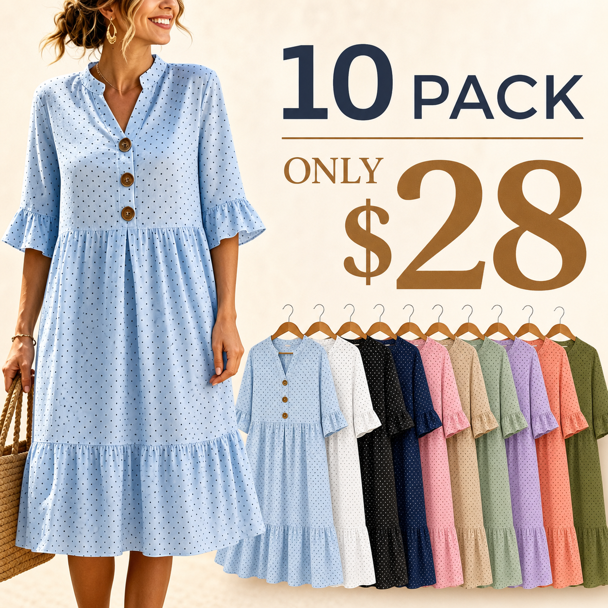 10 pack only 28 dollars women's polka dot tiered beach dress