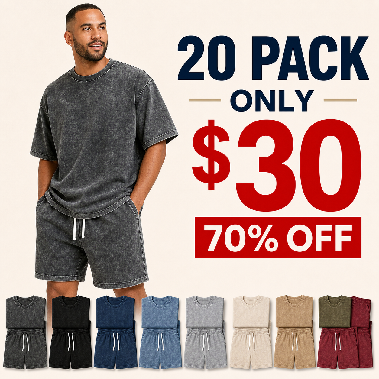20 pack only 30 dollars men's washed tee and shorts set