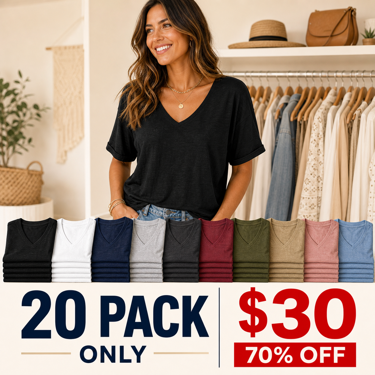 20 pack only 30 dollars women's relaxed V-neck tee