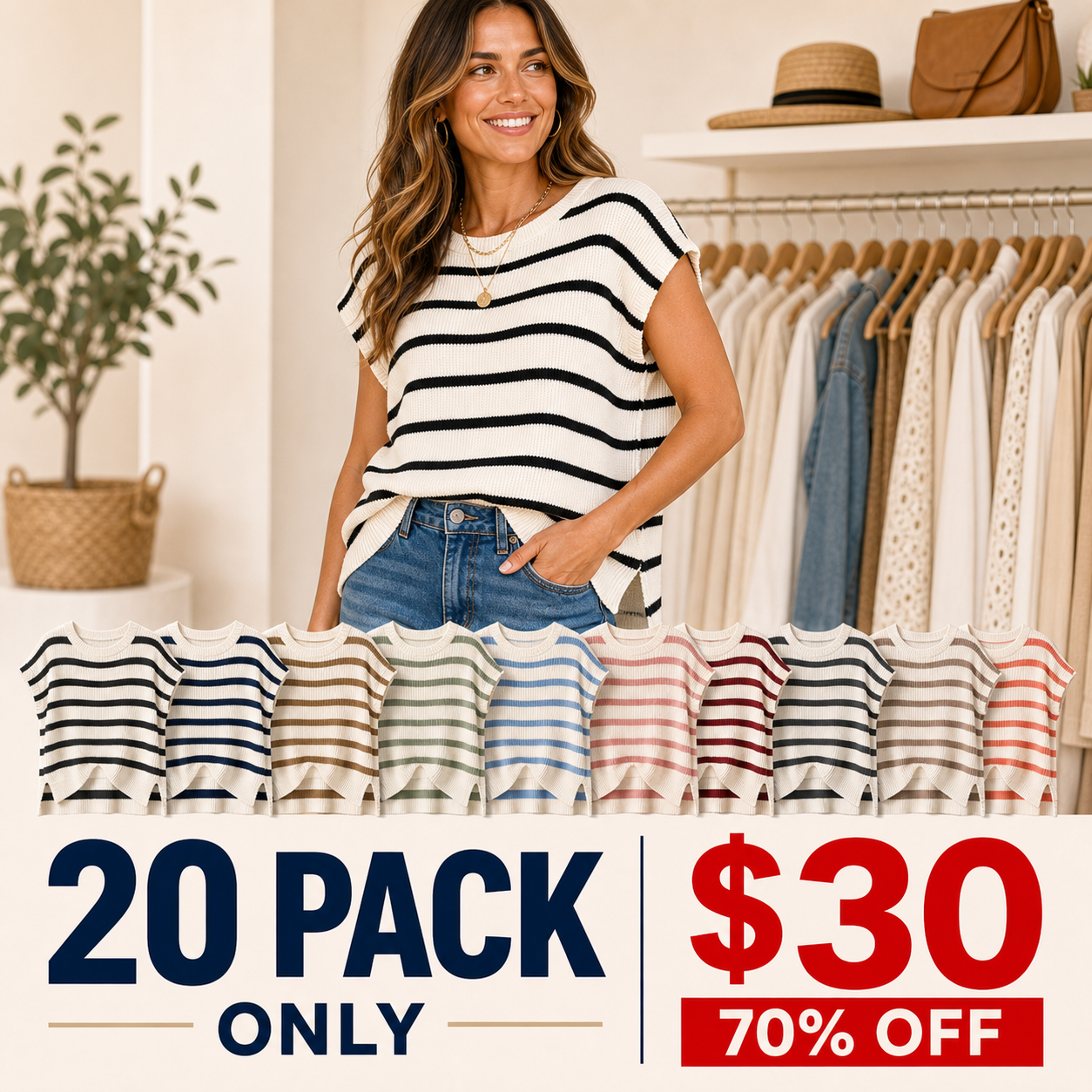 20 pack only 30 dollars women's striped knit cap sleeve top