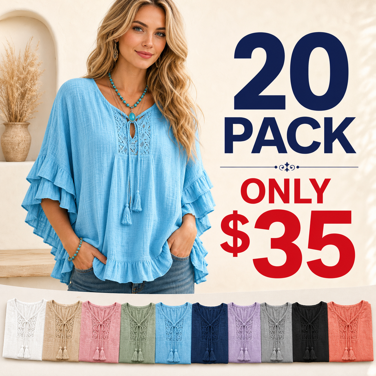 20 pack only 35 dollars women's boho ruffle lace tie neck blouse