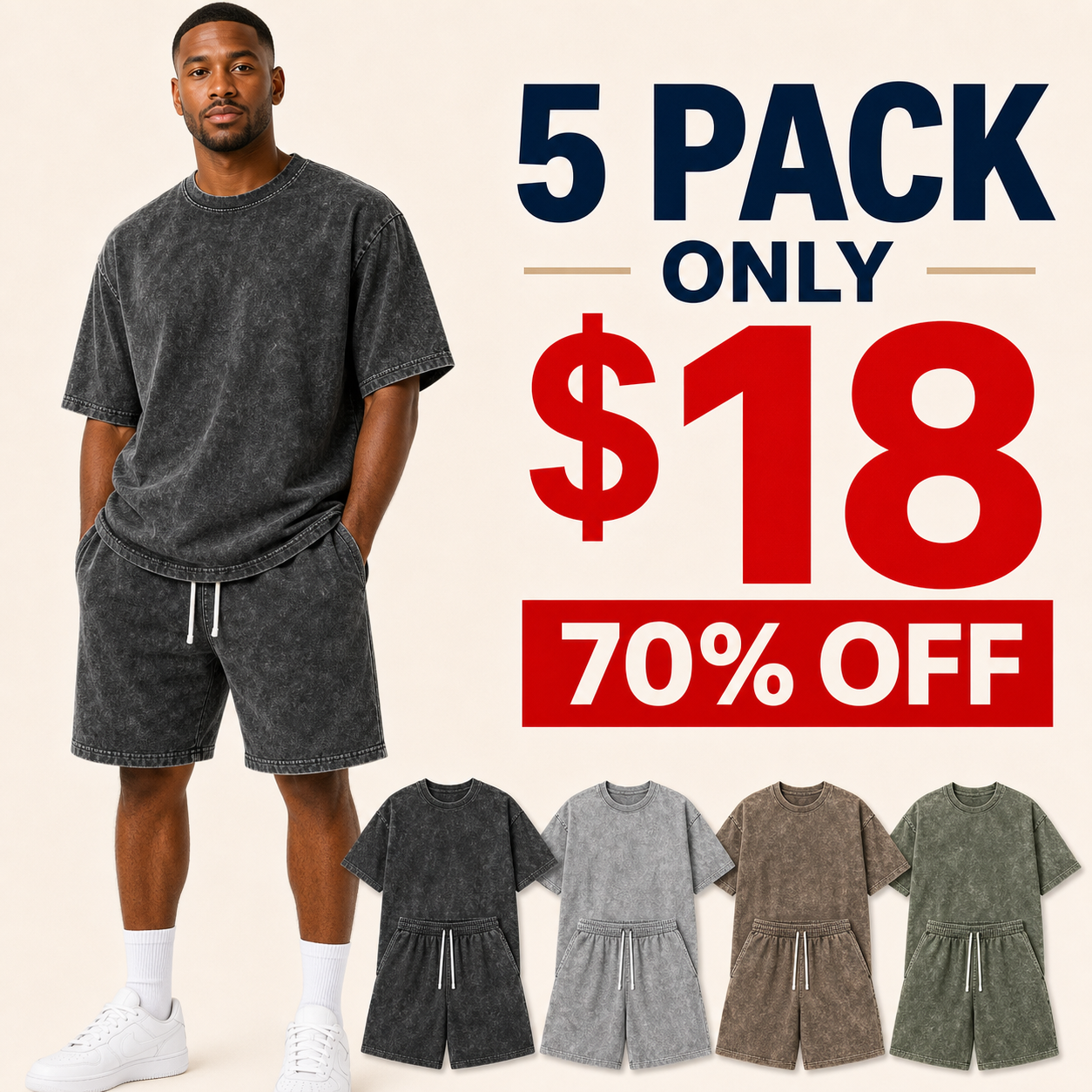 5 pack only 18 dollars men's washed tee and shorts set