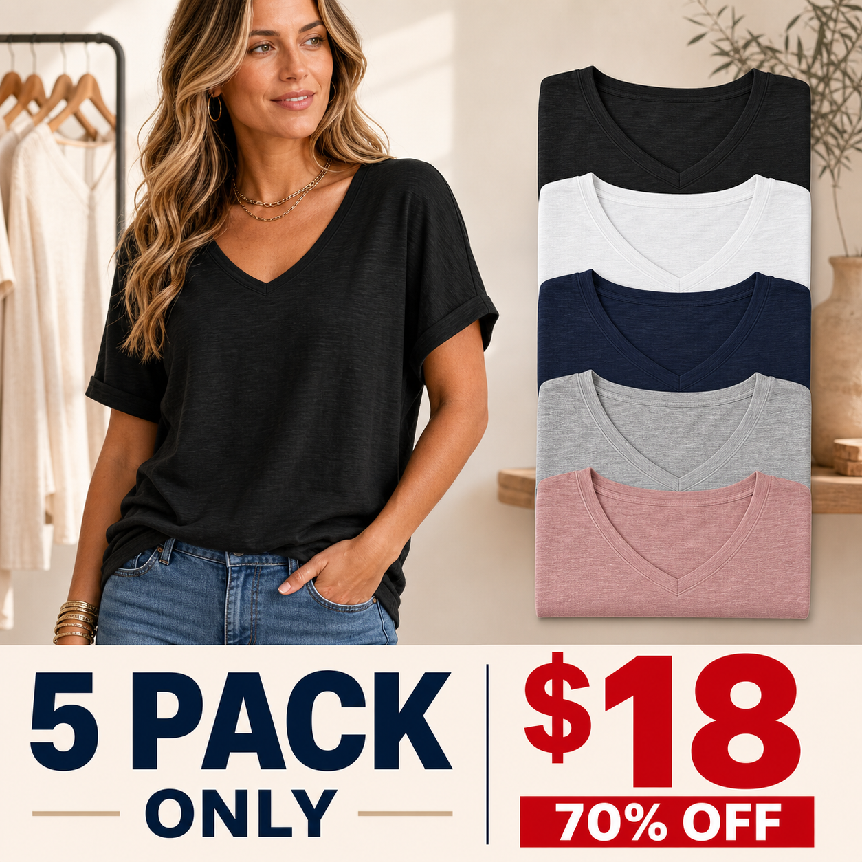 5 pack only 18 dollars women's relaxed V-neck tee