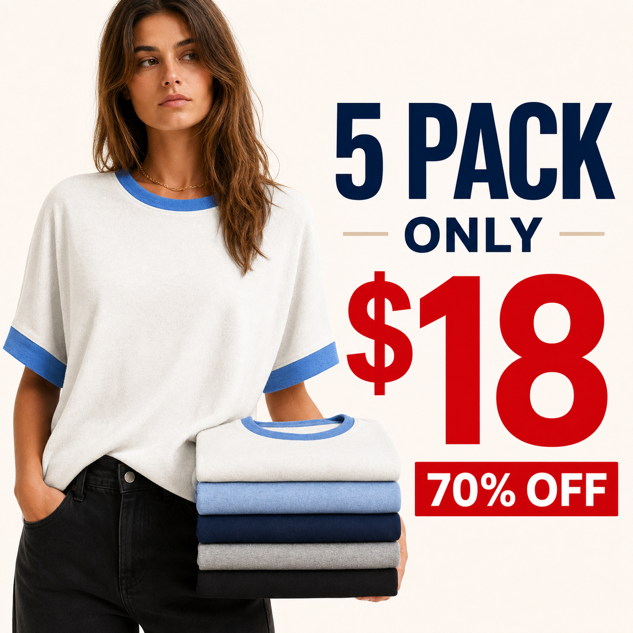 5 pack only 18 dollars women's contrast-trim relaxed tee