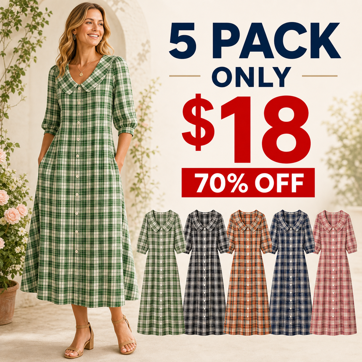 5 pack only 18 dollars women's plaid button-front midi dress
