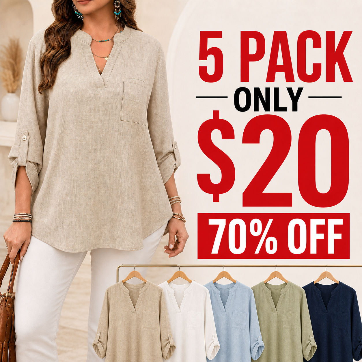 5 pack only 20 dollars women's linen-look split neck blouse
