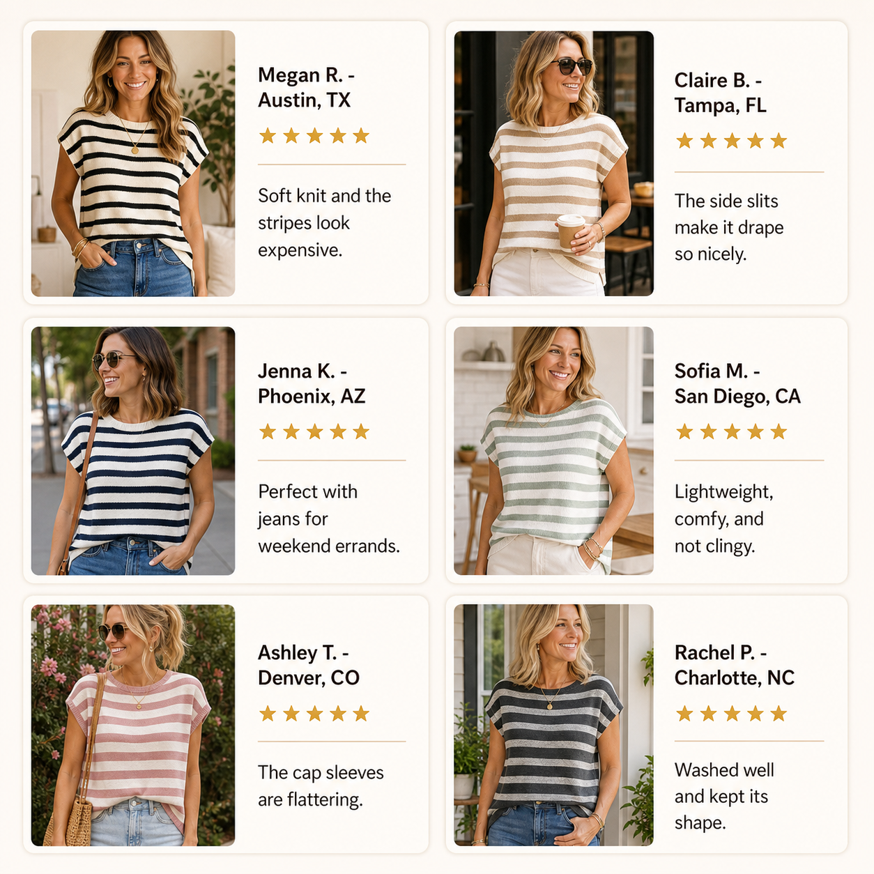Customer review waterfall women's striped knit cap sleeve top