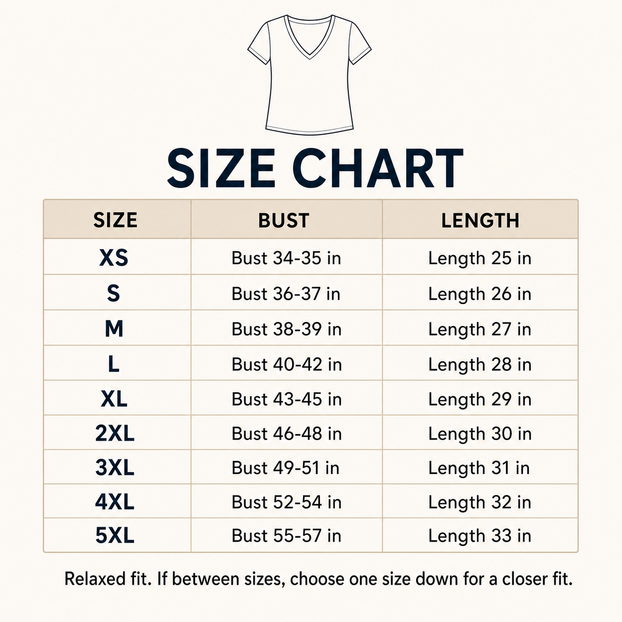 Women's relaxed V-neck tee size chart