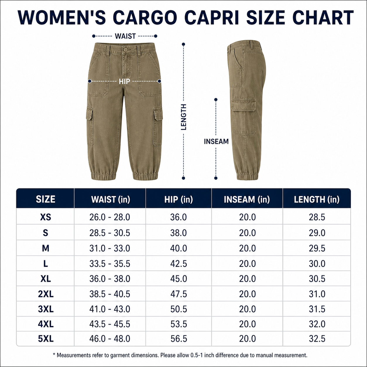 Women's relaxed cargo capri pants size chart