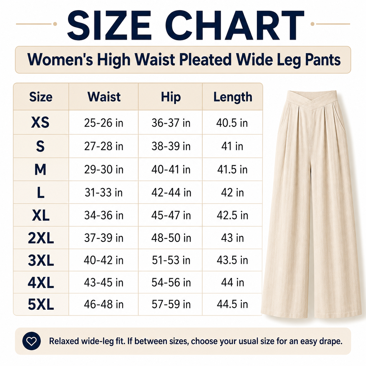 Women's pleated wide leg pants size chart
