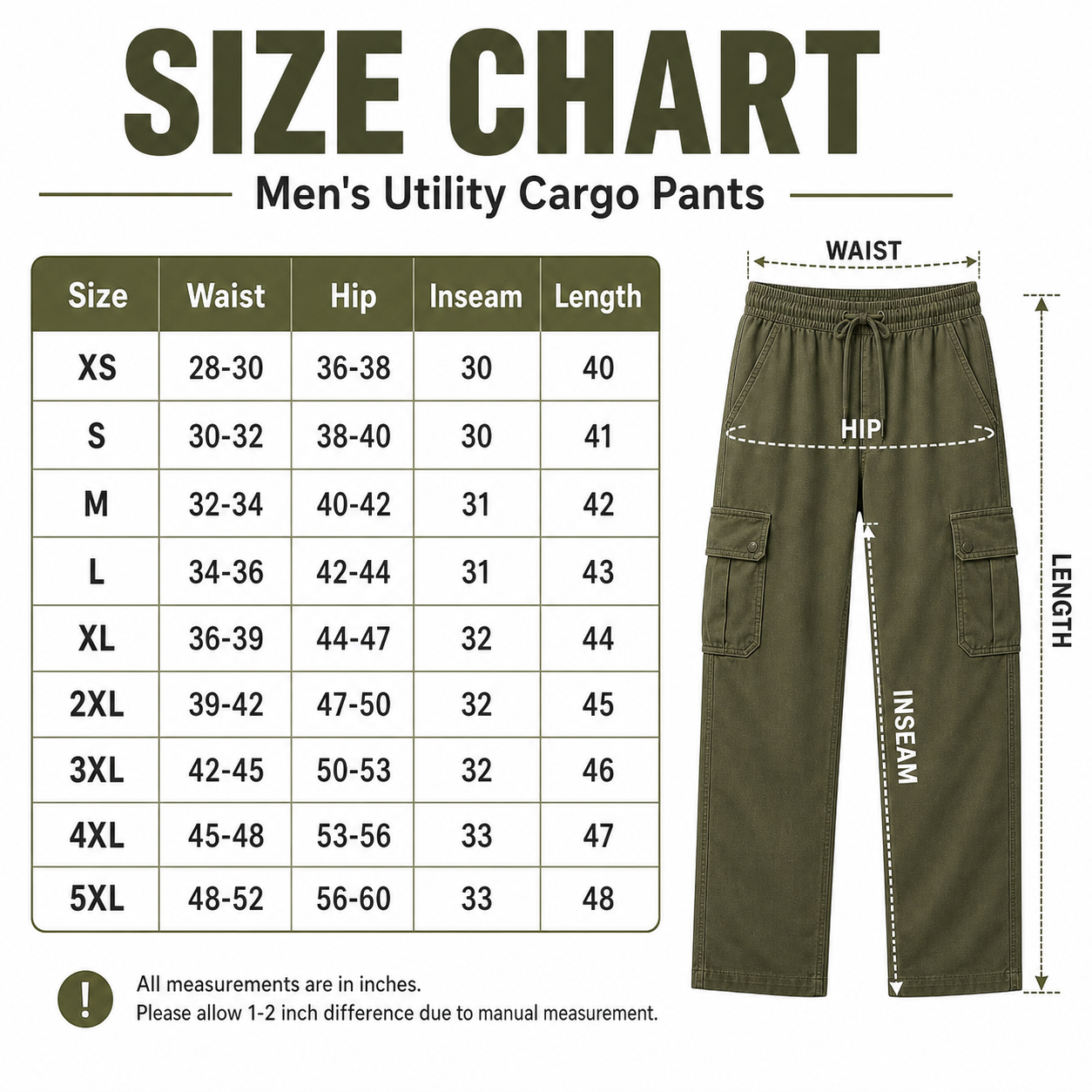 Men's outdoor utility cargo pants size chart