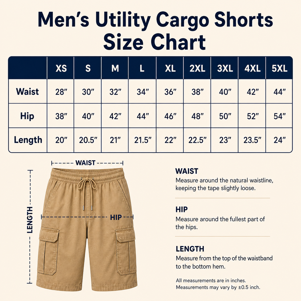 Men's utility cargo shorts size chart