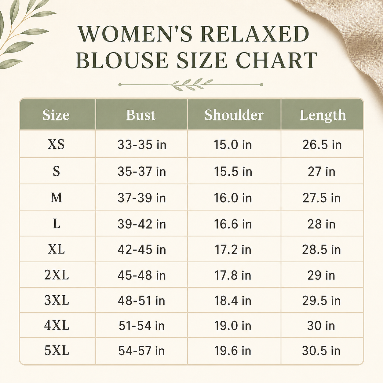 Women's linen-look split neck blouse size chart