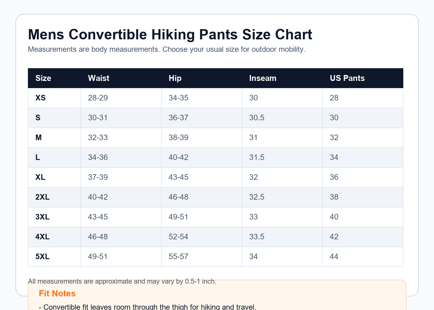 Men's convertible hiking pants size chart