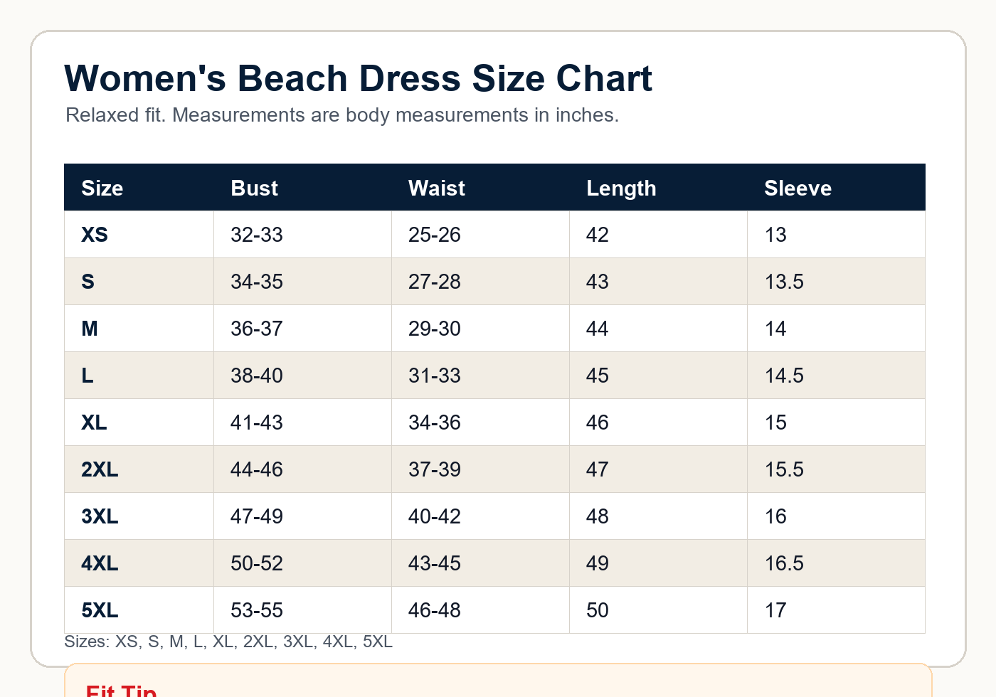 Women's polka dot tiered beach dress size chart