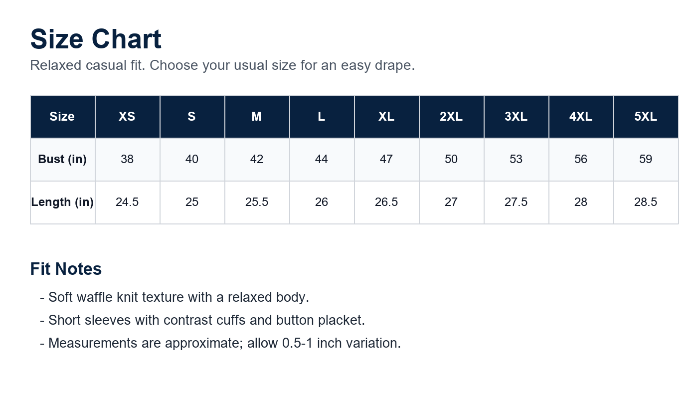 Women's waffle button polo top size chart