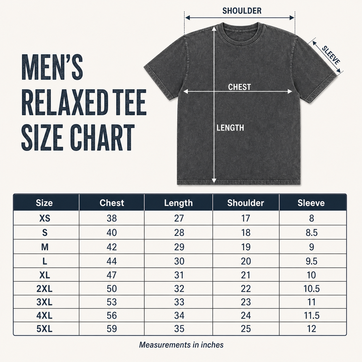 Men's vintage washed graphic tee size chart