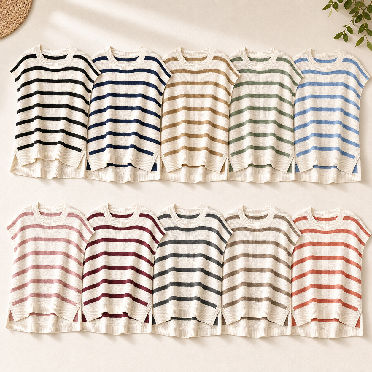 Ten color lineup women's striped knit cap sleeve tops