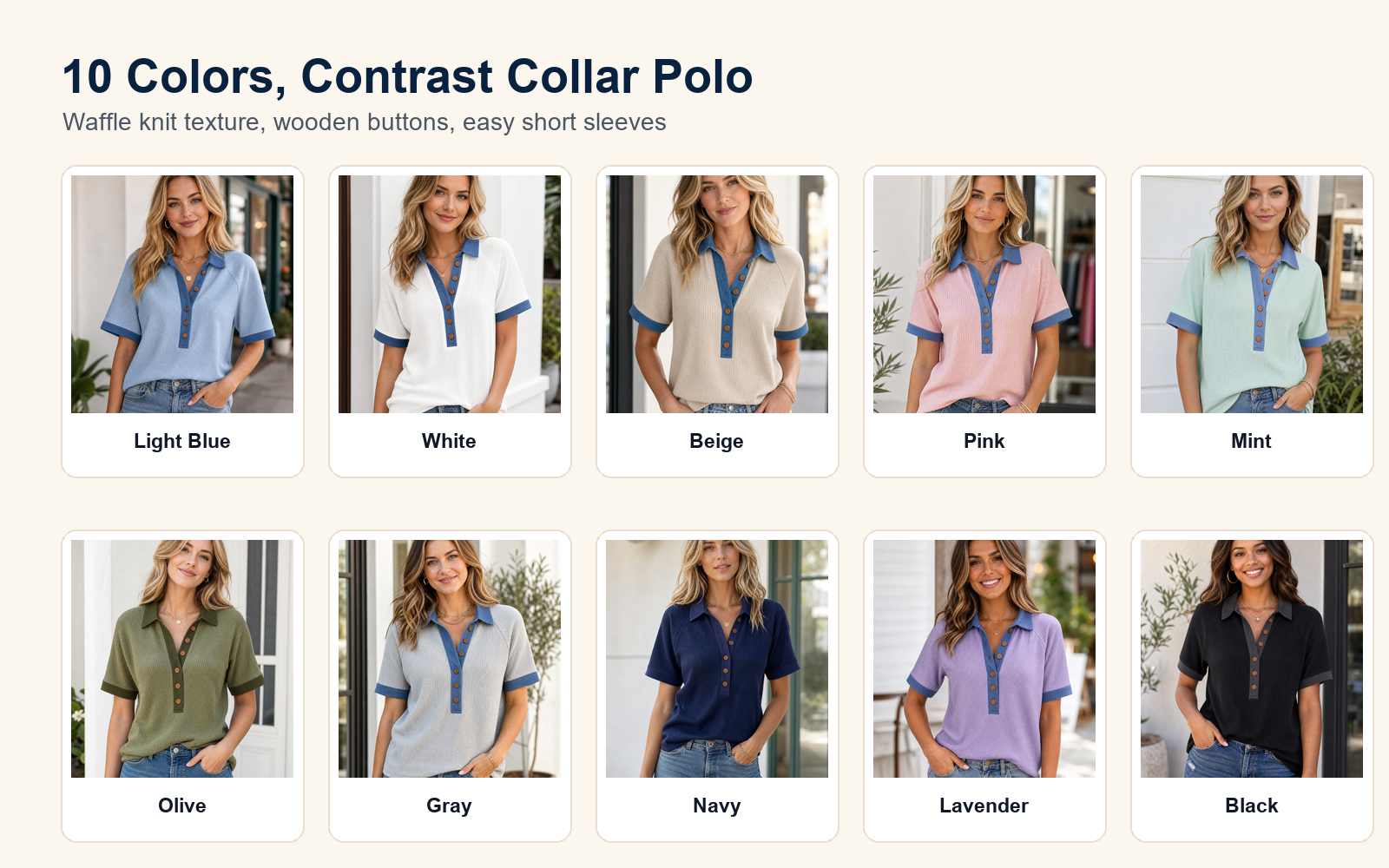 Ten color lineup women's waffle button polo top