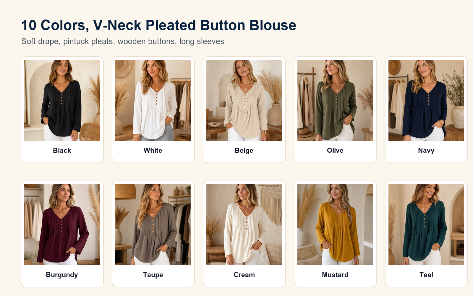 Ten color lineup women's v-neck pleated button blouse