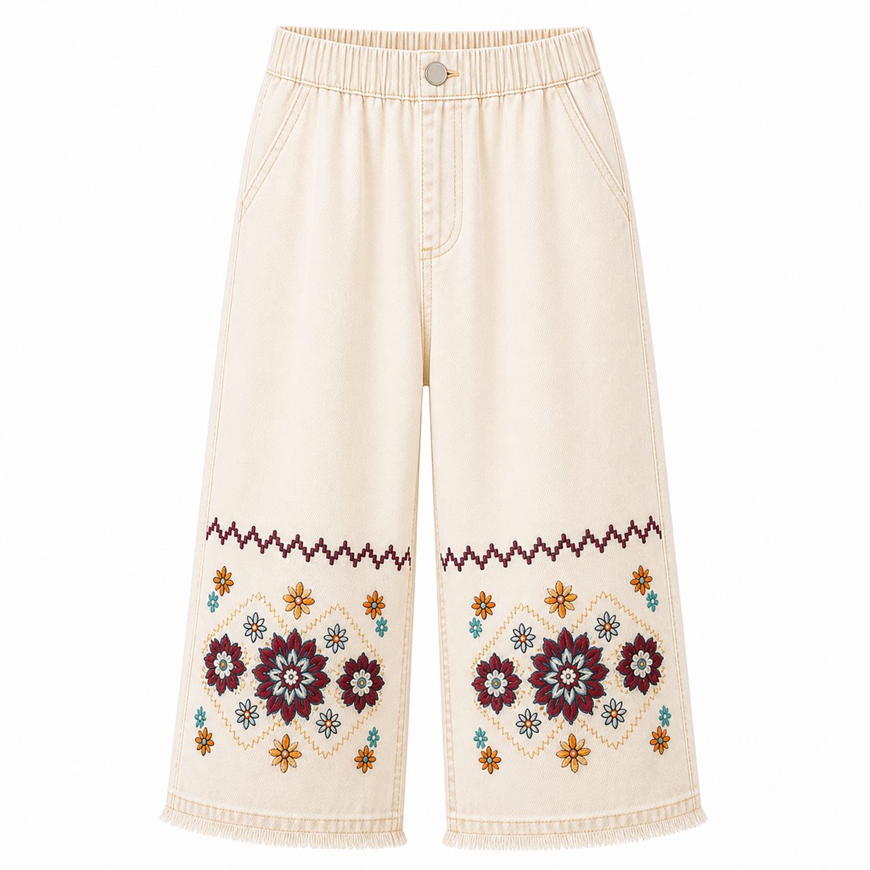 Women's embroidered denim capri pants - variant ecru