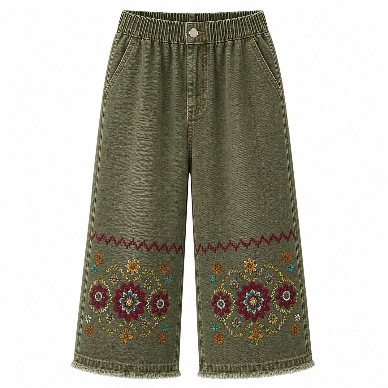 Women's embroidered denim capri pants - variant olive