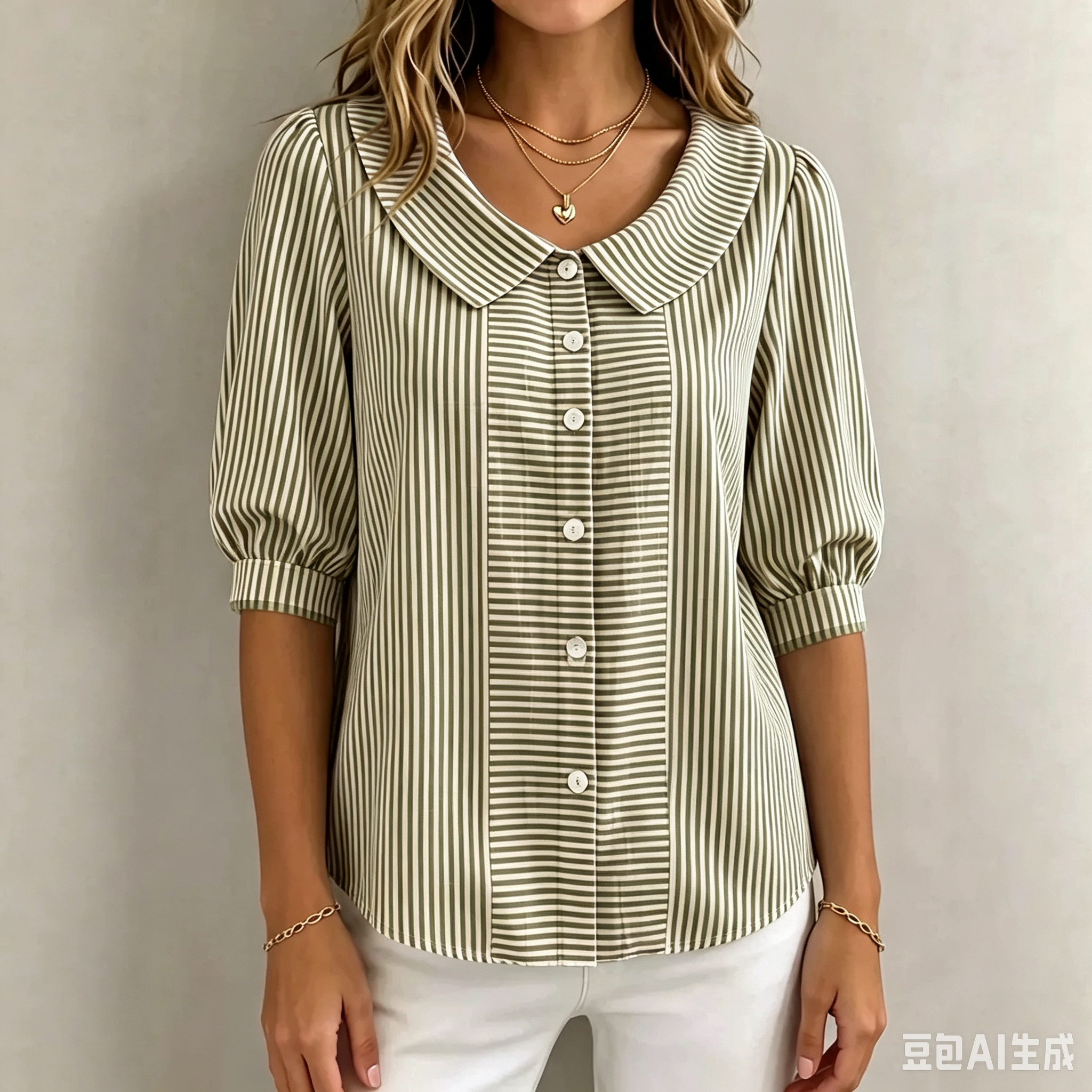 Women’s Peter Pan Collar Striped Button-Up Blouse with Puff Sleeves