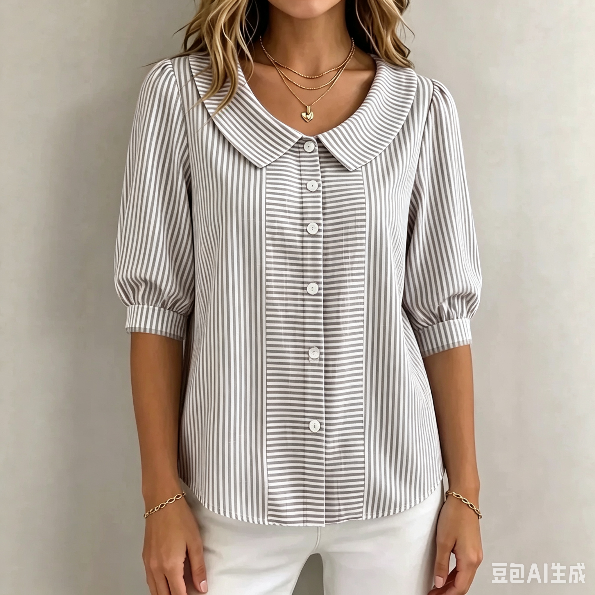 Women’s Peter Pan Collar Striped Button-Up Blouse with Puff Sleeves