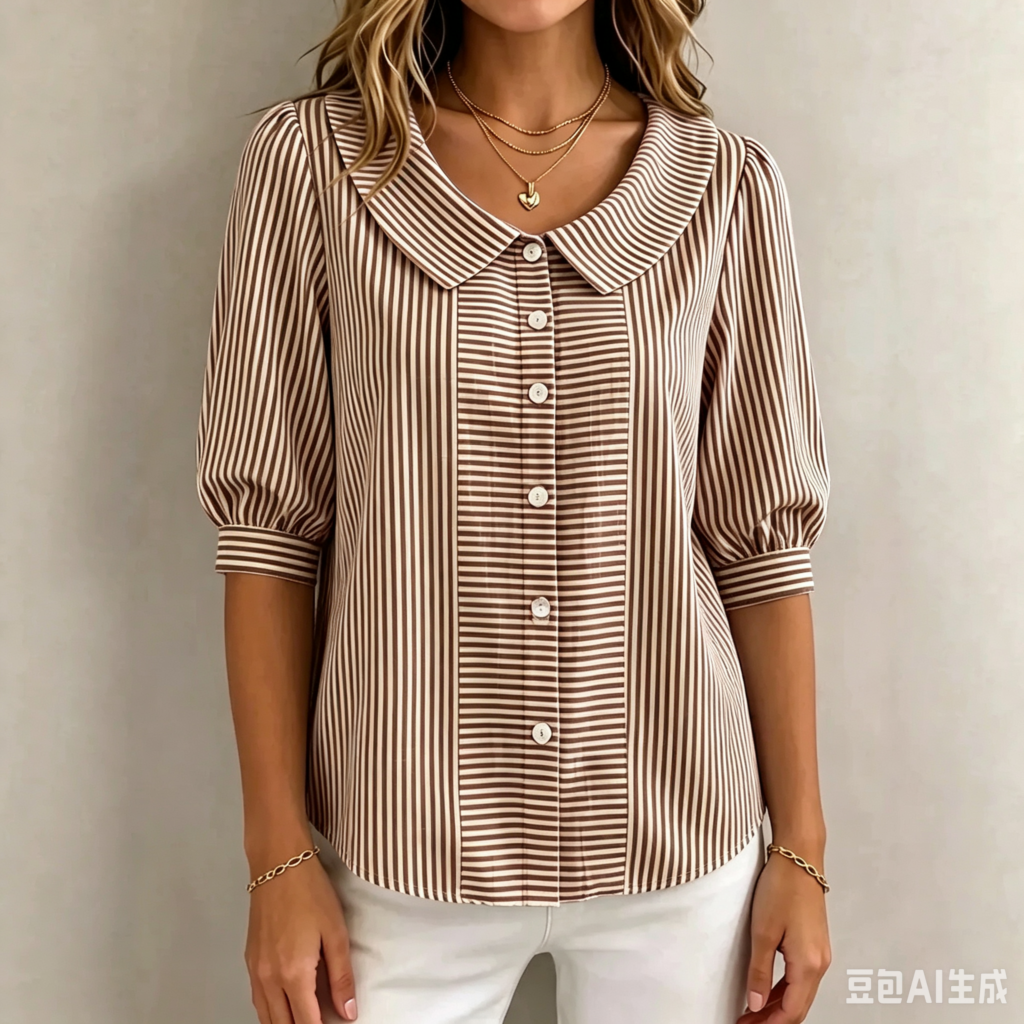 Women’s Peter Pan Collar Striped Button-Up Blouse with Puff Sleeves