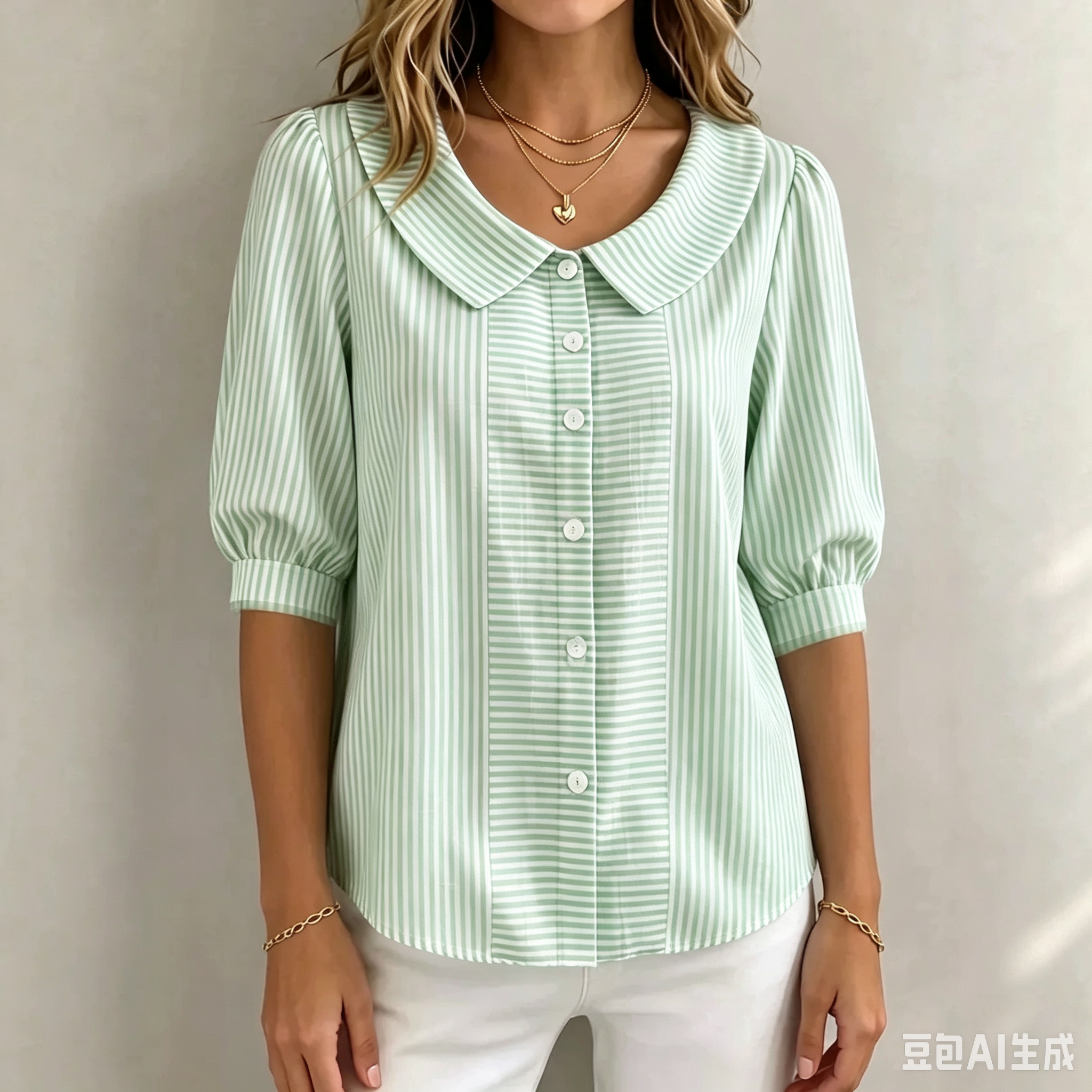Women’s Peter Pan Collar Striped Button-Up Blouse with Puff Sleeves