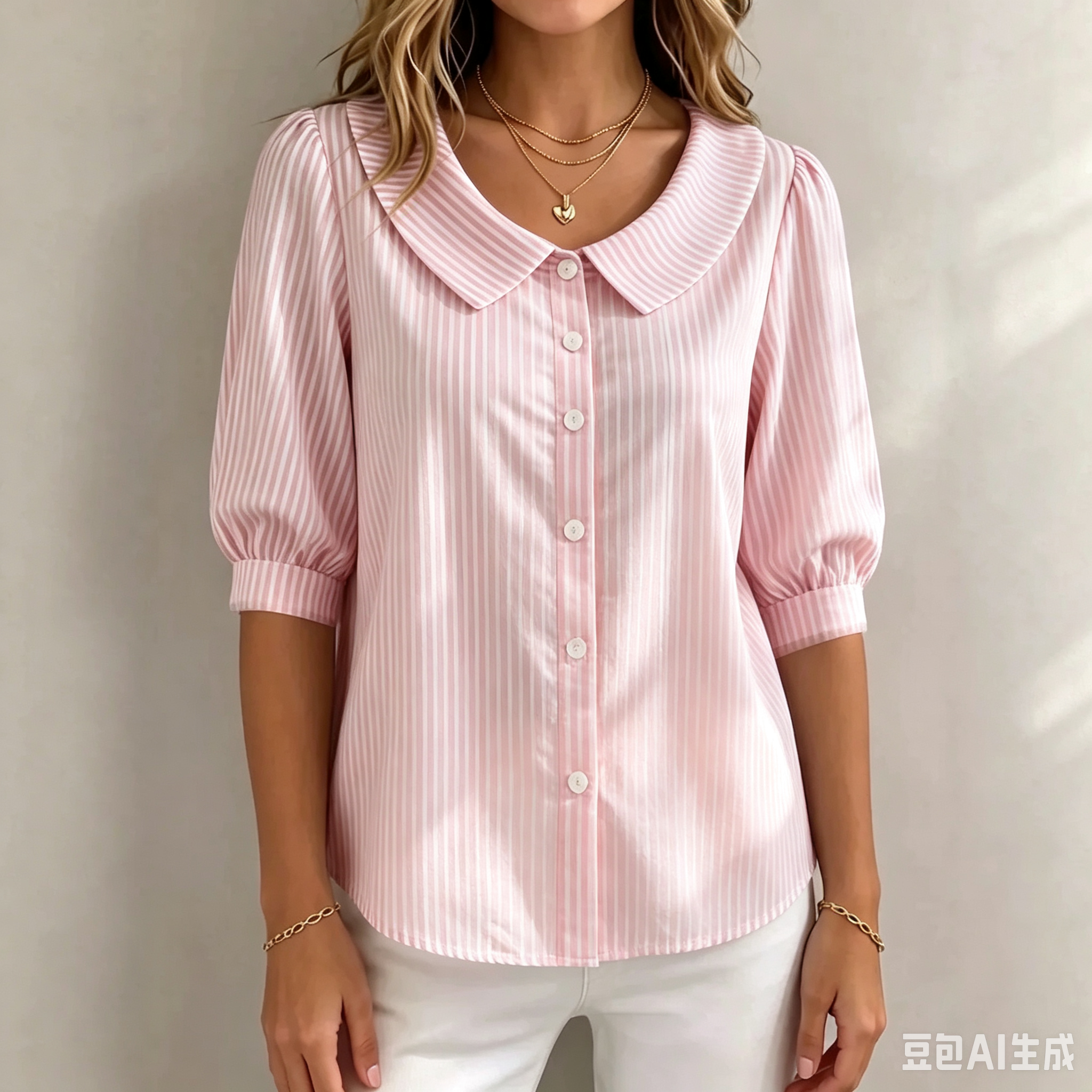 Women’s Peter Pan Collar Striped Button-Up Blouse with Puff Sleeves